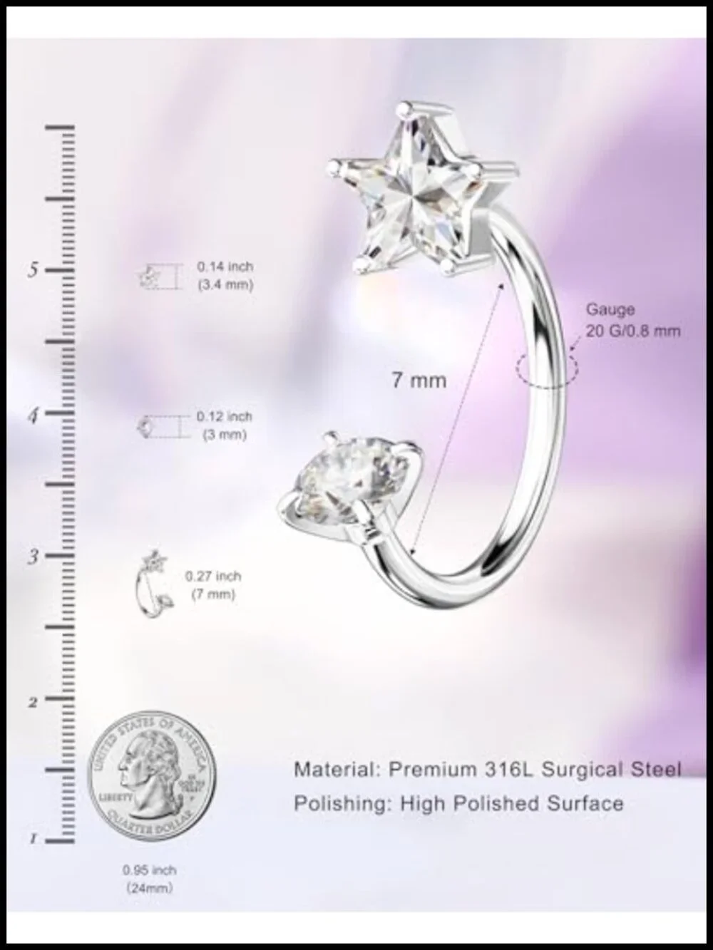 20G 7mm Star Horseshoe Nose Ring Threadless Surgical Steel Piercing Jewelry